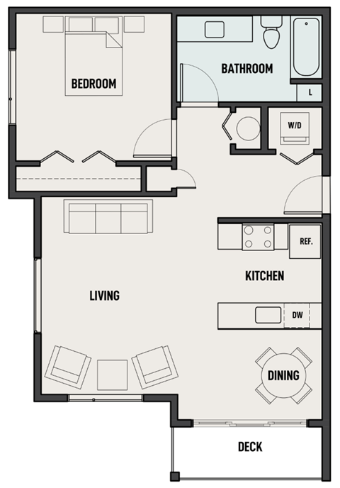 Floor plan for 1 bed, 1 bath, 776 sqft